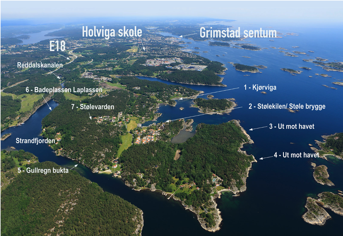 Oversiktsbilde med navngitte plasser stølehalvøya